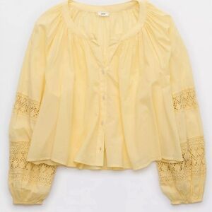 Aerie 100% Cotton Butter Yellow Crochet Button Down Shirt  Size M